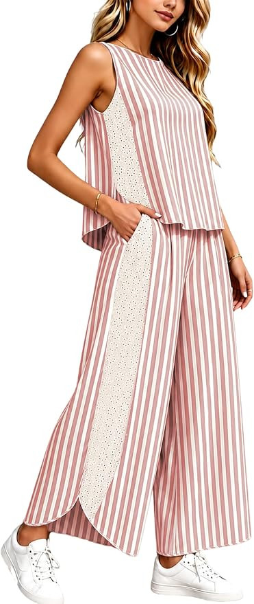 Yeokou Womens Striped Lounge Set 2 Piece Summer Travel Vacation Sets Sleeveless Tops and Wide Leg... | Amazon (US)