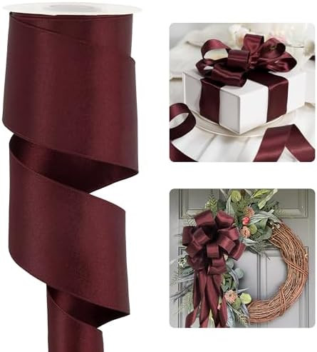 HUIHUANG Burgundy Satin Wired Ribbon 2.5 inch Wine Red Double-Faced Satin Wire Ribbon for Wreaths... | Amazon (US)