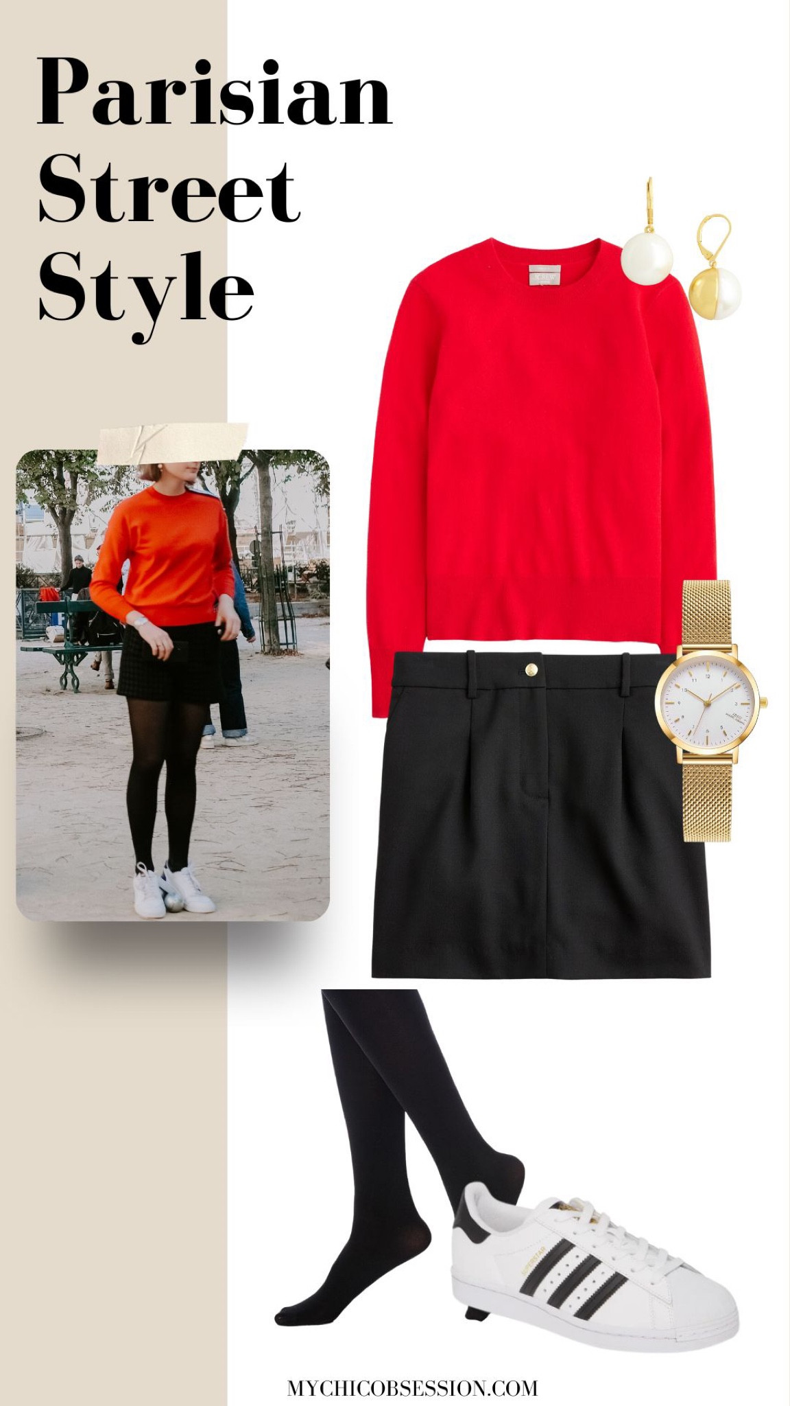 Love a pop of color? Try this street style look from Paris based around a red sweater, paired with a black mini skirt, tights, sneakers, and a gold watch.

#LTKstyletip #LTKSeasonal