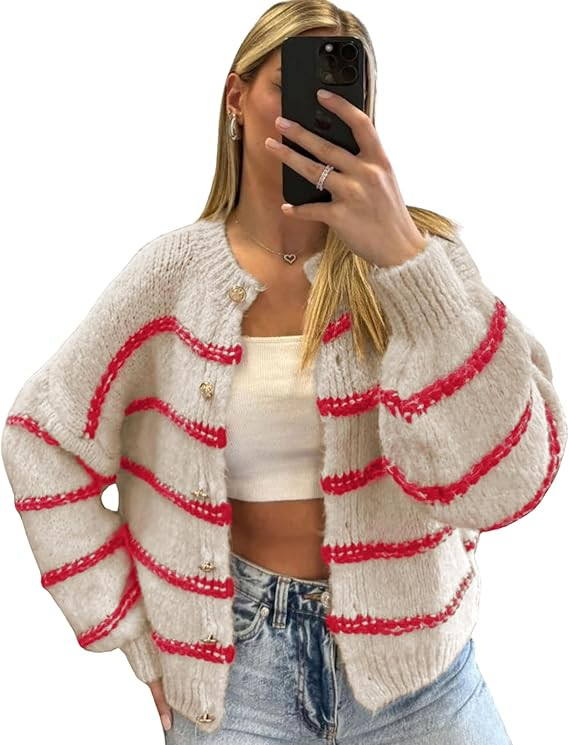 QIBABU Womens Striped Cardigan Sweaters Casual Open Front Long Sleeve Button Down Knit Outwear | Amazon (US)