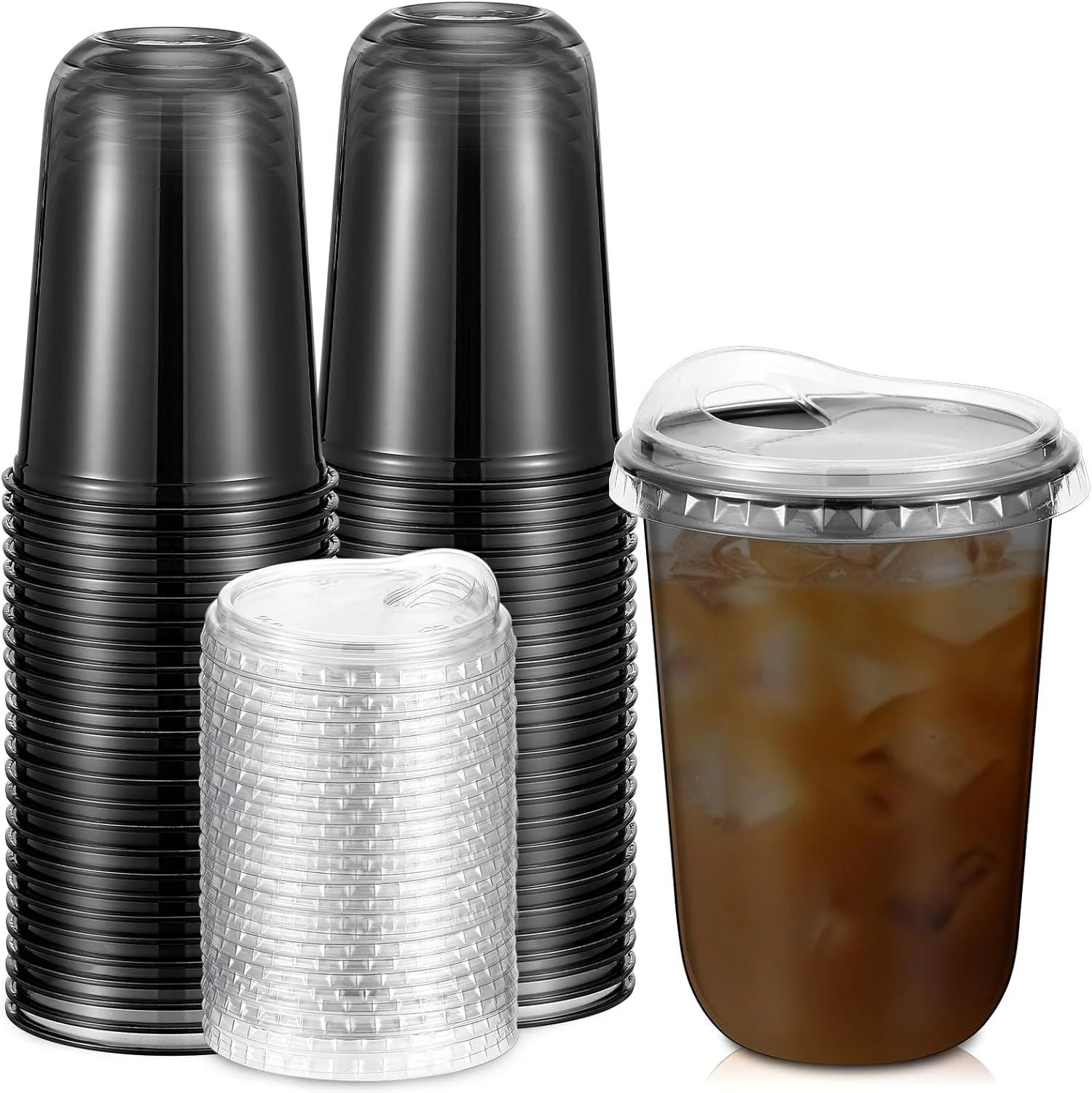 50 Pcs Round Bottom Plastic Cups with Sip Lids Clear Disposable Iced Coffee Cups for Smoothie Cold Beverage Coffee Shops and Party Catering(16 oz,Black) | Shop Simon
