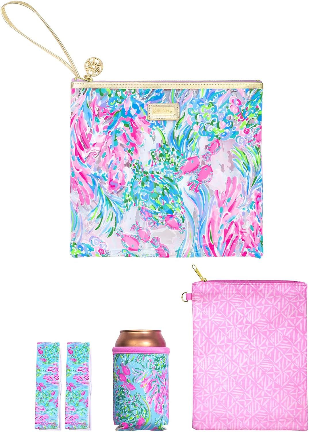 Lilly Pulitzer Water Resistant Vinyl Beach Day Pouch, Zipper Bag Includes Drink Hugger, Small Pou... | Amazon (US)