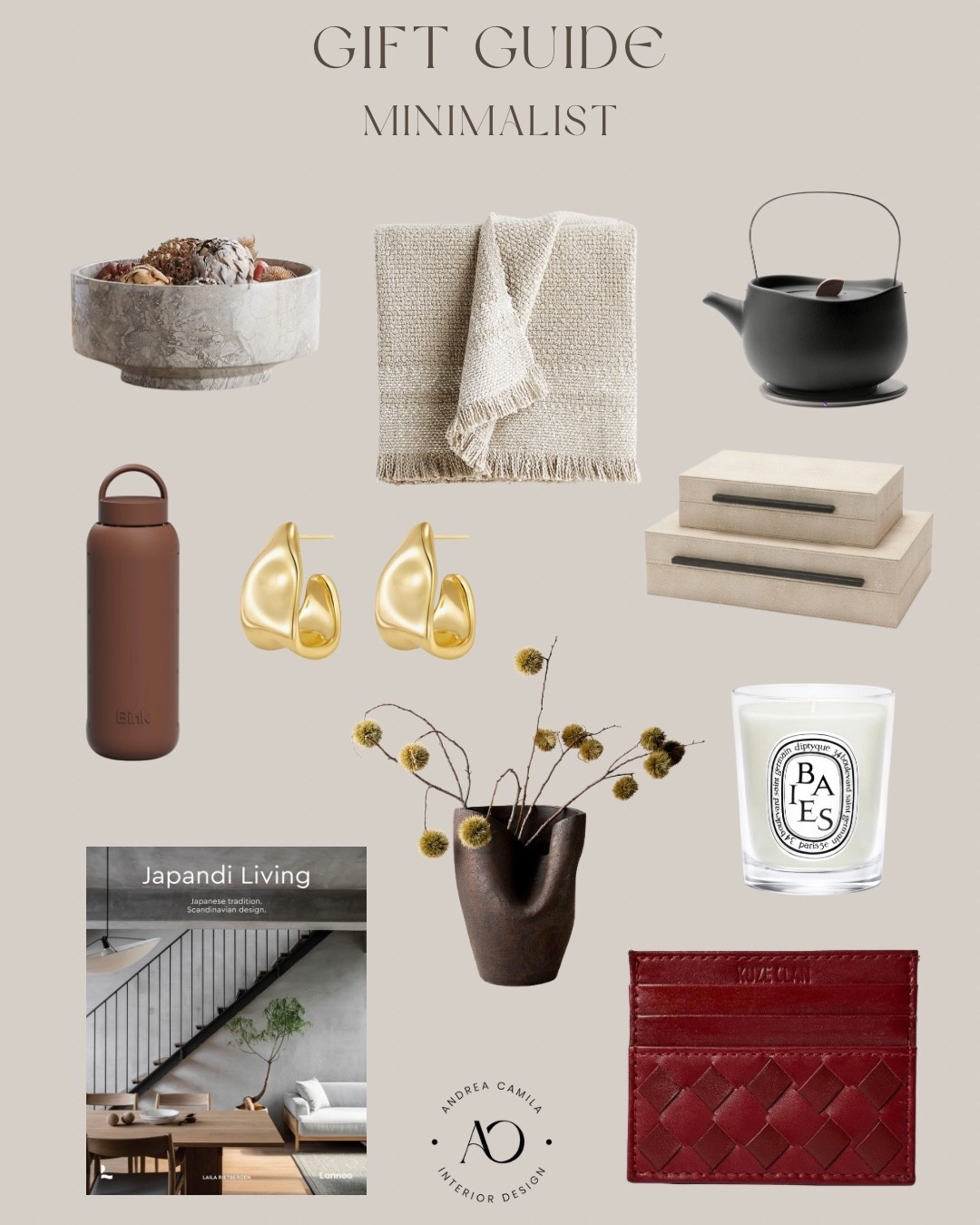 Japandi gift guide for the minimalist friend. Black Friday sale. Cyber Monday deals. Diptyque candle. Aesthetic coffee table books. Chunky gold earrings. Leather card holder wallet. Sleek decorative storage box. Cute water bottle. Handcrafted gifts terracotta vase. Marble bowl. Cotton throw blanket. Heated tea pot  

#LTKGiftGuide #LTKCyberWeek #LTKSaleAlert