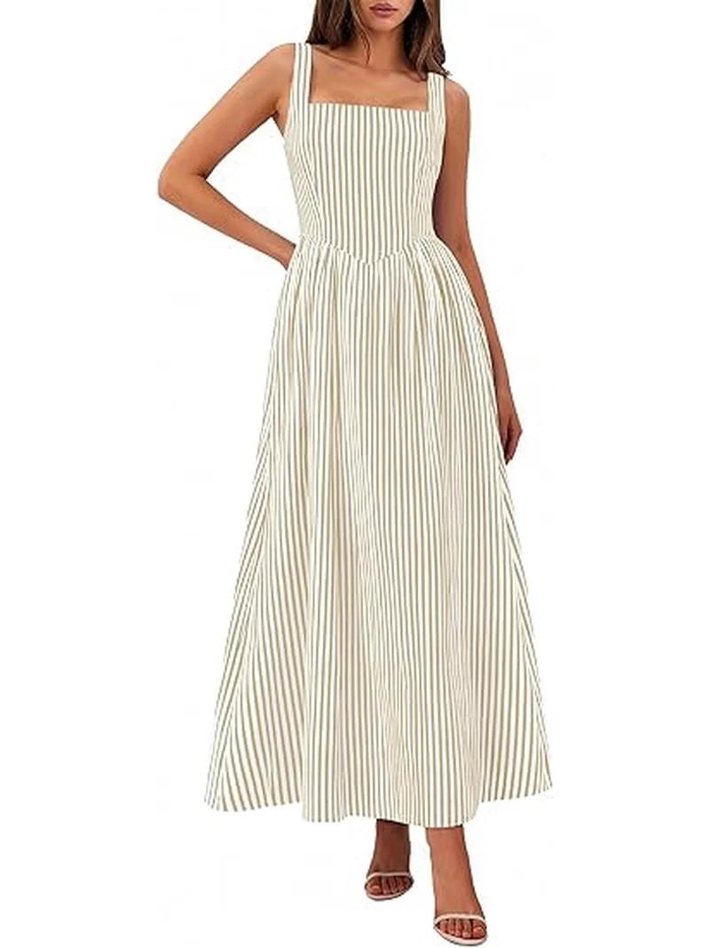 PRETTYGARDEN Women's Maxi Striped Dress Summer Sleeveless Square Neck Smocked A Line Long Flowy S... | Walmart (US)