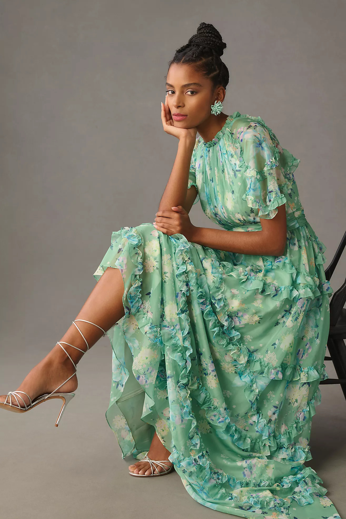 Mac Duggal Short-Sleeve Floral Chiffon Ruffled Gown | Anthropologie (US)