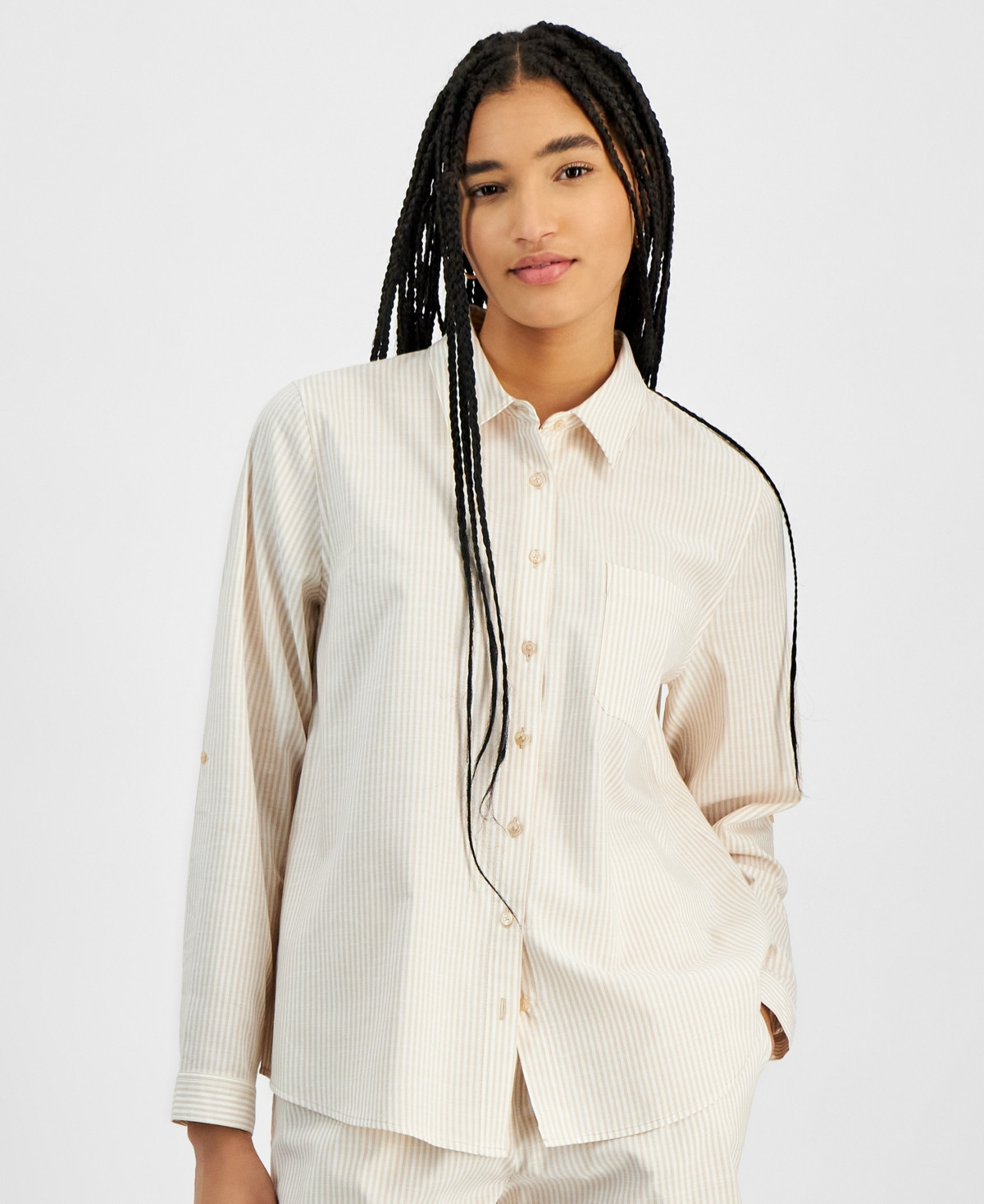 Hippie Rose Juniors' Button-Front Long Sleeve Striped Shirt - Sand Stripe | Macy's
