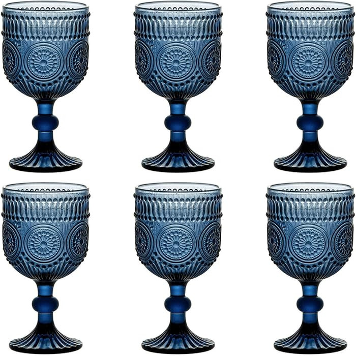 Blue Water Goblets Wine Glasses Drinking set of 6 Vintage Colored Glassware 12 Ounces Sunflower S... | Amazon (US)