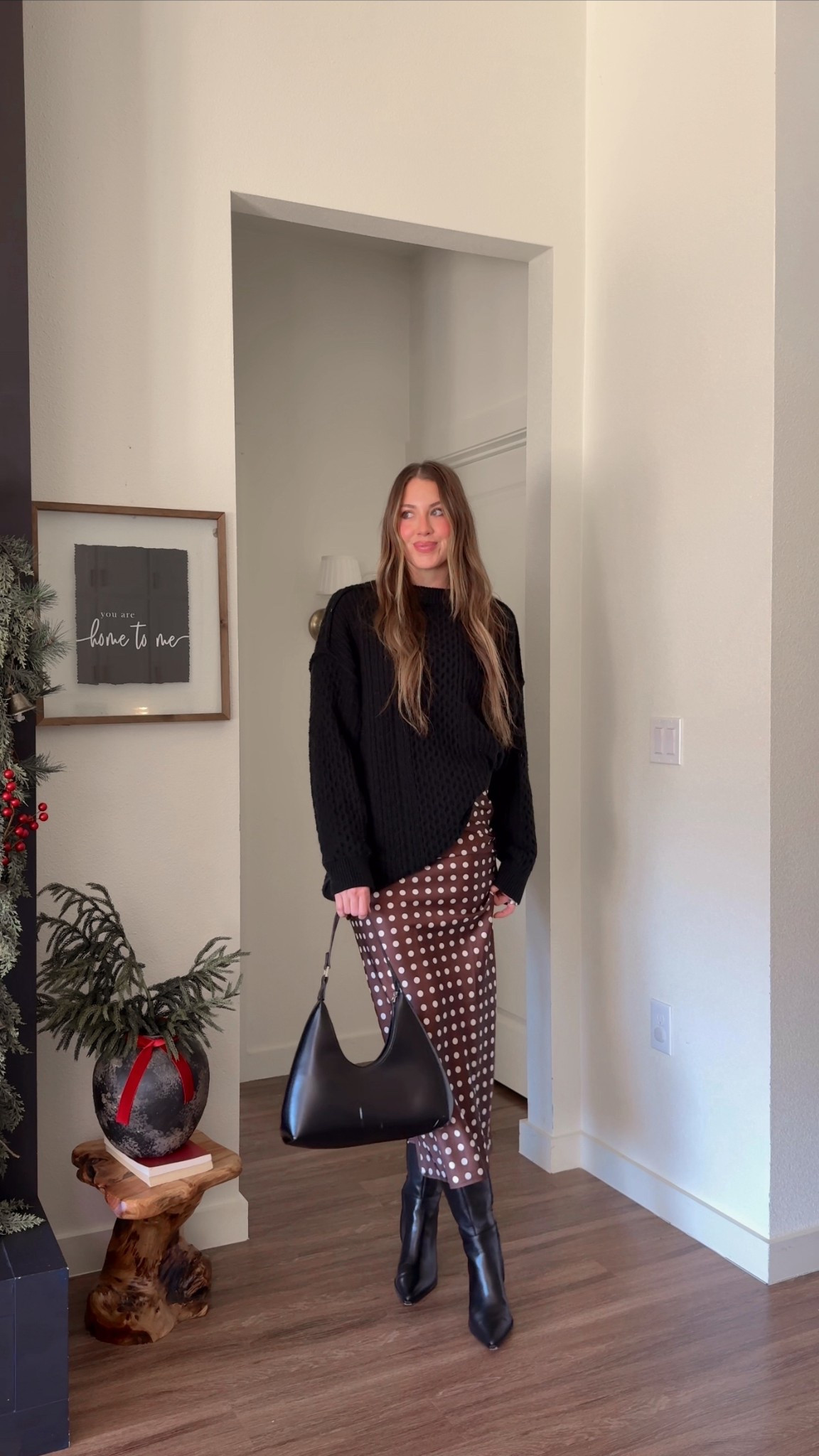 Holiday/thanksgiving outfit idea as a rectangle body type! Silk polka dot skirt-wearing a medium & black oversized sweater wearing a large 

#LTKHoliday #LTKSeasonal #LTKTall