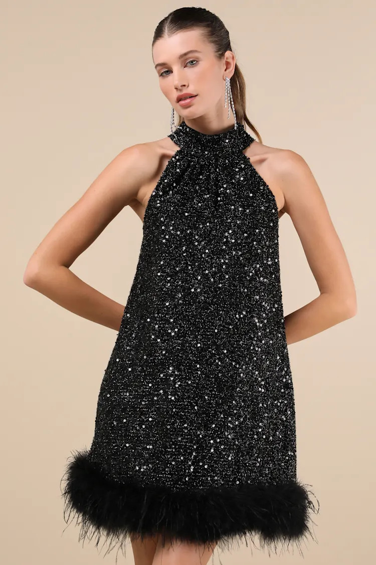 Magnetic Darling Shiny Black Sequin Feather Shift Mini Dress | Lulus