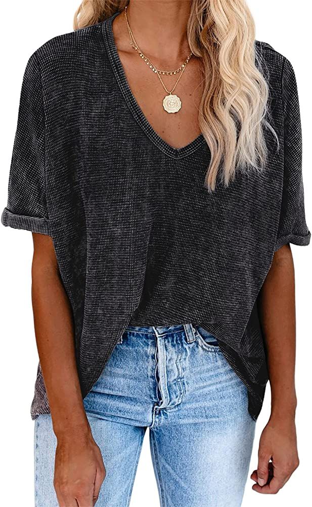 EVALESS Womens Summer Plus Size V Neck Tops Short Sleeve Waffle Knit Shirts Cotton T Shirts Solid... | Amazon (US)