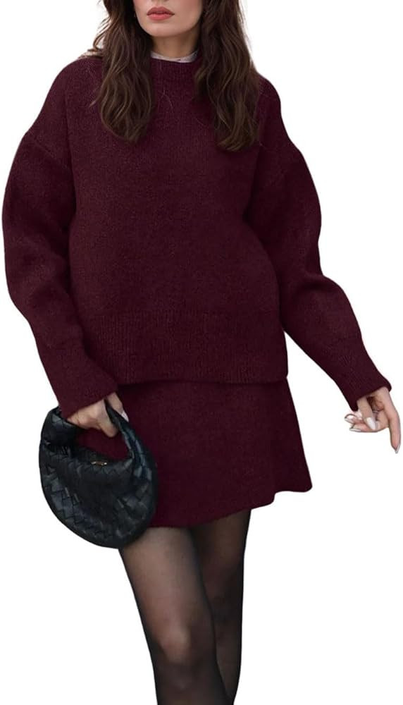 CHARTOU Women Sweater Skirt Sets 2 Pieces Outfits Loose Fit Pullover Sweater Knitted Mini Skirt | Amazon (US)