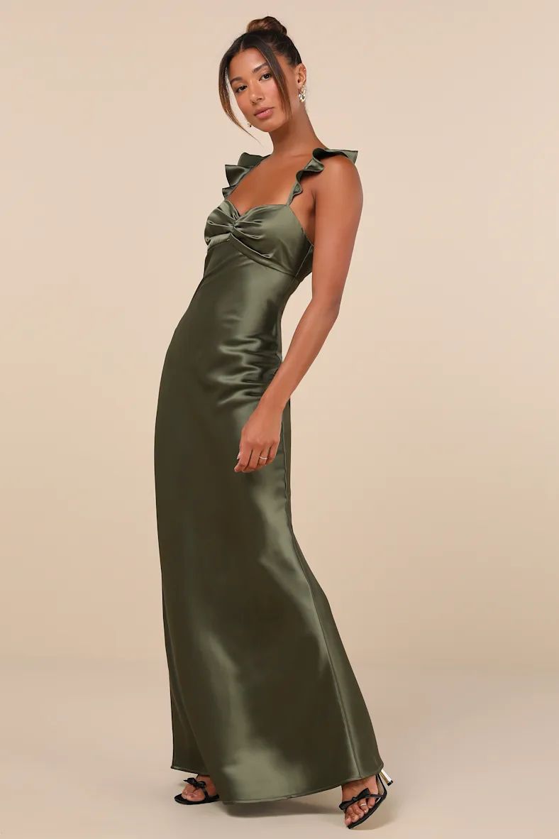 Exuberant Luxury Olive Green Satin Ruffled Lace-Up Maxi Dress | Lulus