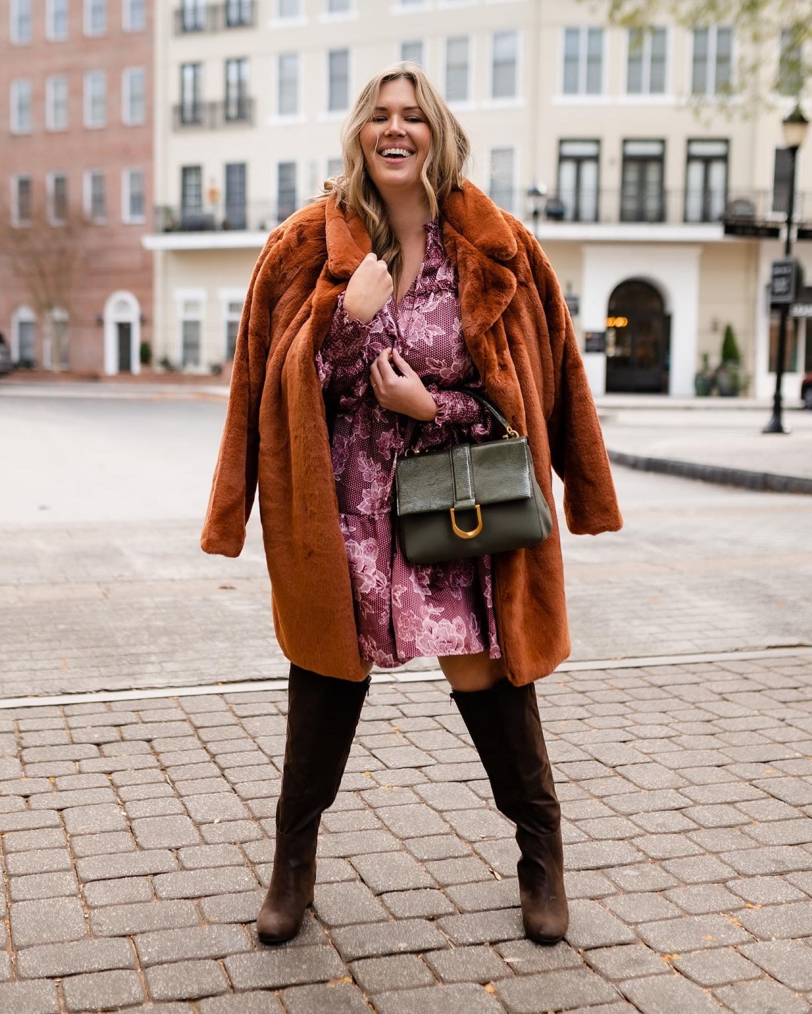 Love this fun flirty look for any occasion this fall winter! The floral mini dress is beautiful with the camel fur coat. Runs true to size I’m wearing 2x and 18! Wide calf boots are everything!!so good and so comfy! 

#LTKsalealert #LTKwedding #LTKcurves