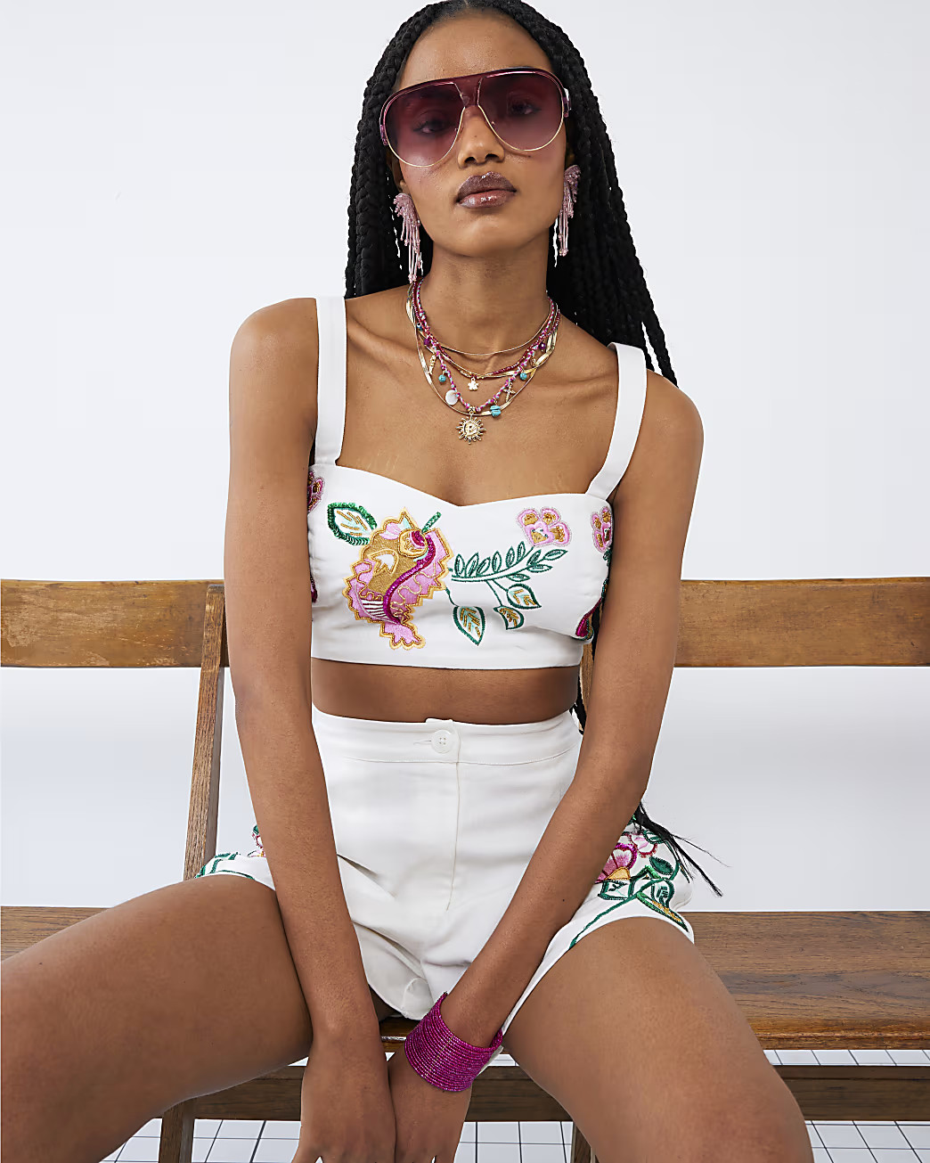 White Sleeveless Floral Embroidered Bralet | River Island UK & IE