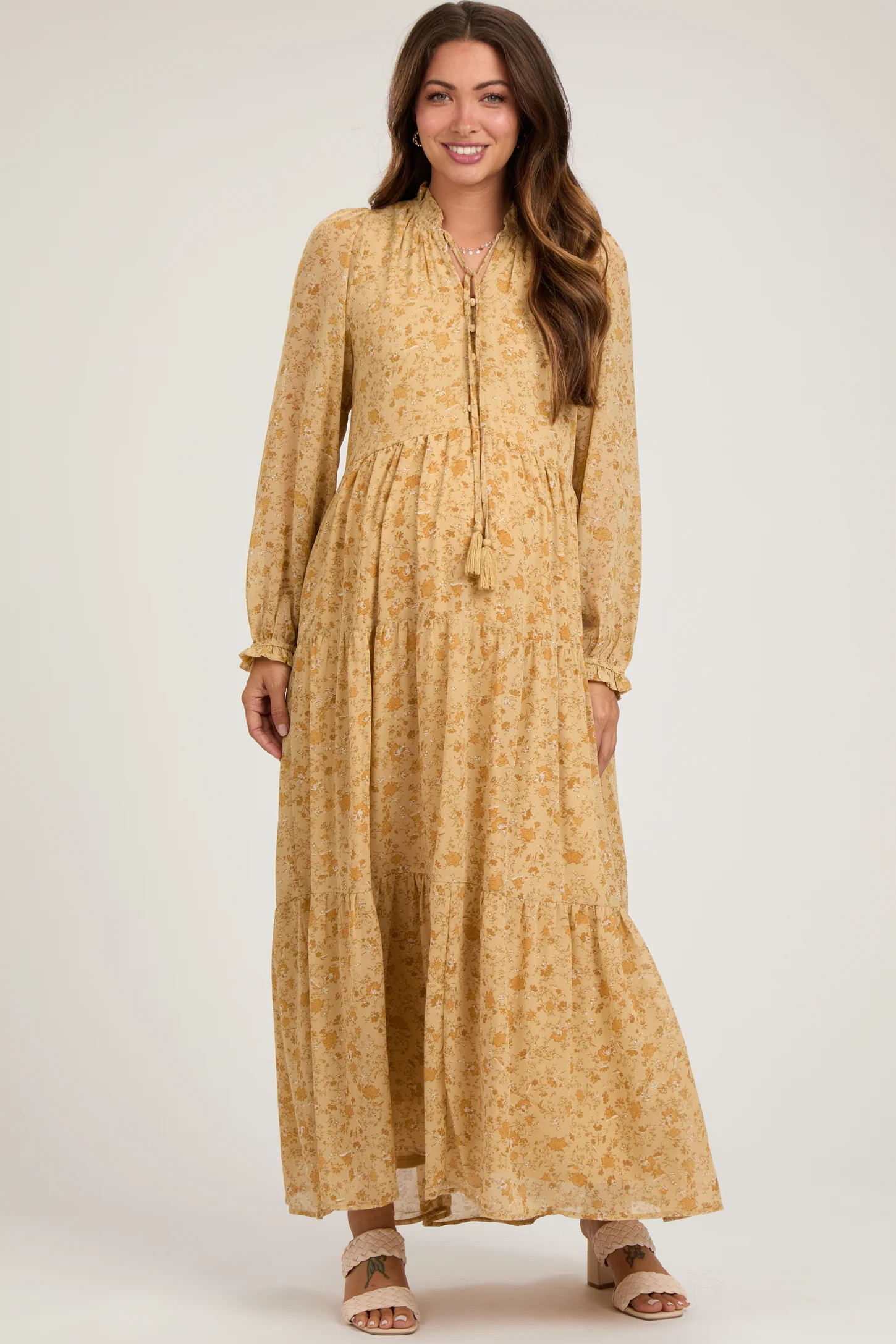 YellowFloral Chiffon Front Tie Tiered Maternity Maxi Dress | PinkBlush Maternity