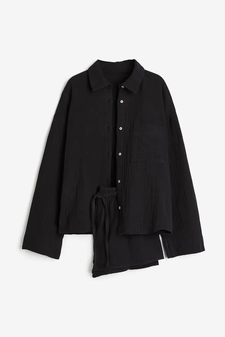 Pajama Shirt and Shorts - Black - Ladies | H&M US | H&M (US + CA)