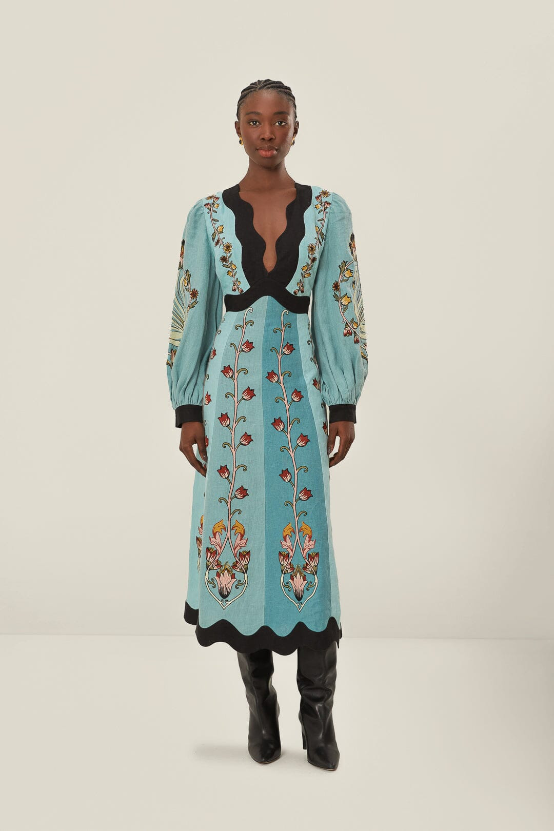 Blue Flowing Beauty Embroidered Long Sleeve Midi Dress | FarmRio (US)