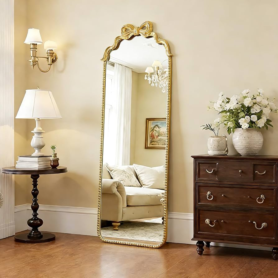 Arched Bow Mirror Full Length 61"x22", Antique Gold Vintage Baroque Floor Mirror with Heavy Textu... | Amazon (US)