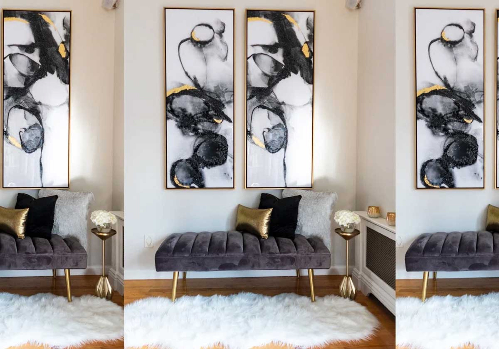 Neutral living room furniture and decor // Contemporary Artwork  // Gold Lumbar Pillow // Black Velvet Pillow // Grey Fur Pillow // Tufted velvet bench

#LTKhome #LTKstyletip #LTKover40
