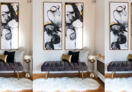 Neutral living room furniture and decor // Contemporary Artwork  // Gold Lumbar Pillow // Black Velvet Pillow // Grey Fur Pillow // Tufted velvet bench

#LTKhome #LTKstyletip #LTKover40