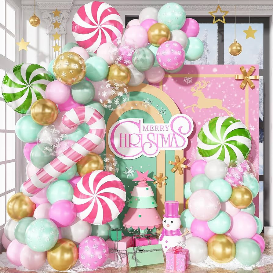 Christmas Balloon Arch Kit 104Pcs Pastel Pink Green Gold Xmas Balloons Garland with Candy Cane Pi... | Amazon (US)