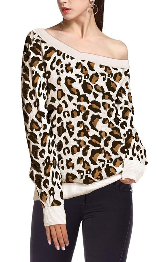 ETCYY Women's Off The Shoulder Oversized Leopard Pullover Sweaters V Neck Casual Loose Knitted To... | Amazon (US)