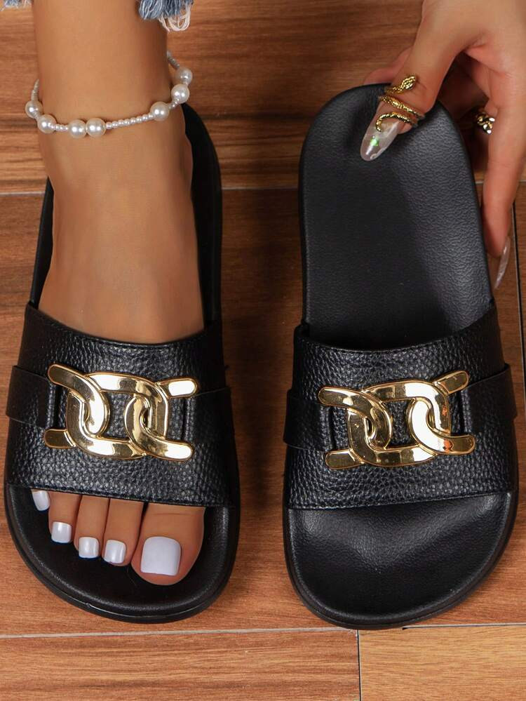 Women's Summer Casual Breathable Comfortable Open Toe Slippers With Gold Decor, Suitable For Indoor And Outdoor Beach Wear | SHEIN
