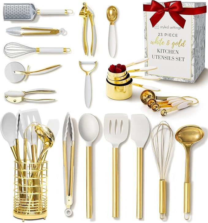 White and Gold Kitchen Utensils Set - 23-Piece Gold Kitchen Accessories Include Measuring Cups an... | Amazon (US)