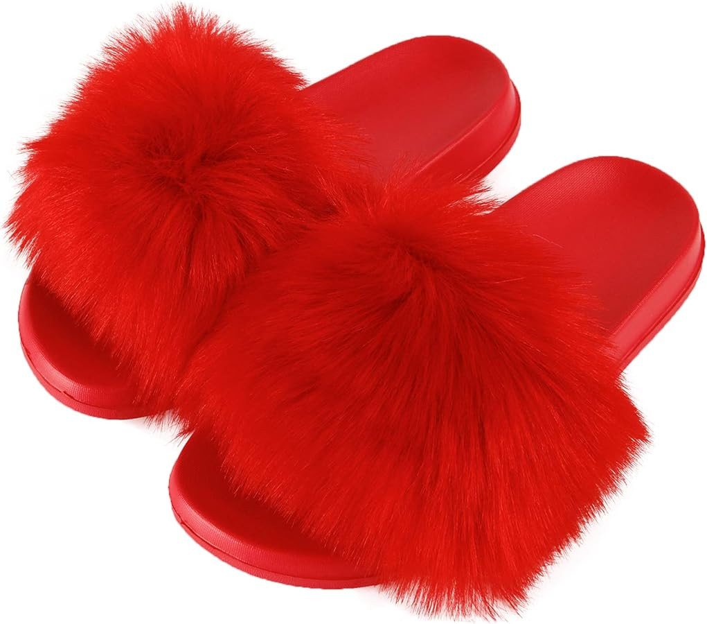 Hangrui Women's Faux Fur Slides, Open Toe Cute Slippers, Comfortable Sandals with Fluffy Fur | Amazon (US)