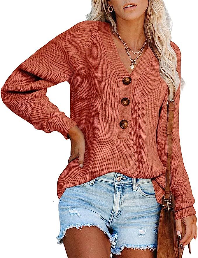 Carryvicty Womens Button Down Knitted Pullover Henley V Neck Sweaters Fall Long Sleeves Sweater | Amazon (US)