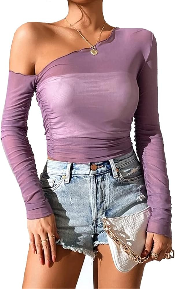 LOFAAC Women Sexy Mesh Sheer See Through Long Sleeve Crop Tops Slim Fit Ruched Off Shoulder Crop ... | Amazon (US)