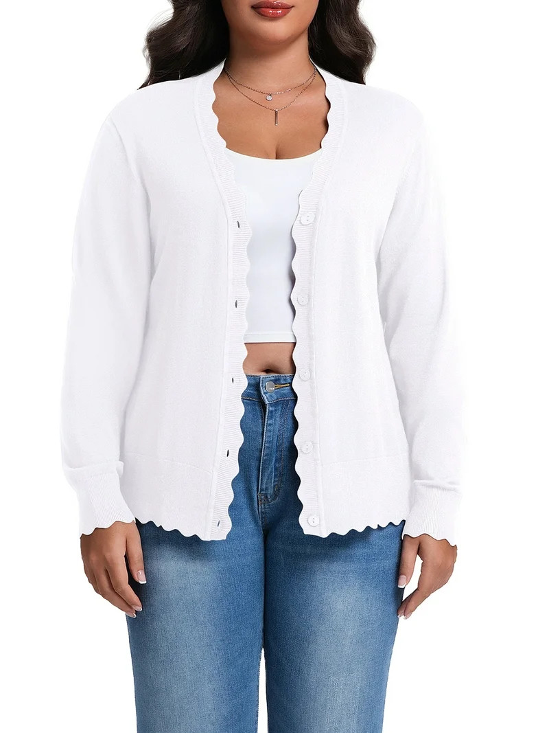 Cueply Plus Size Cardigan for Women Open Front Button V-Neck Long Sleeve Ribbed Wave Edges Lightw... | Walmart (US)