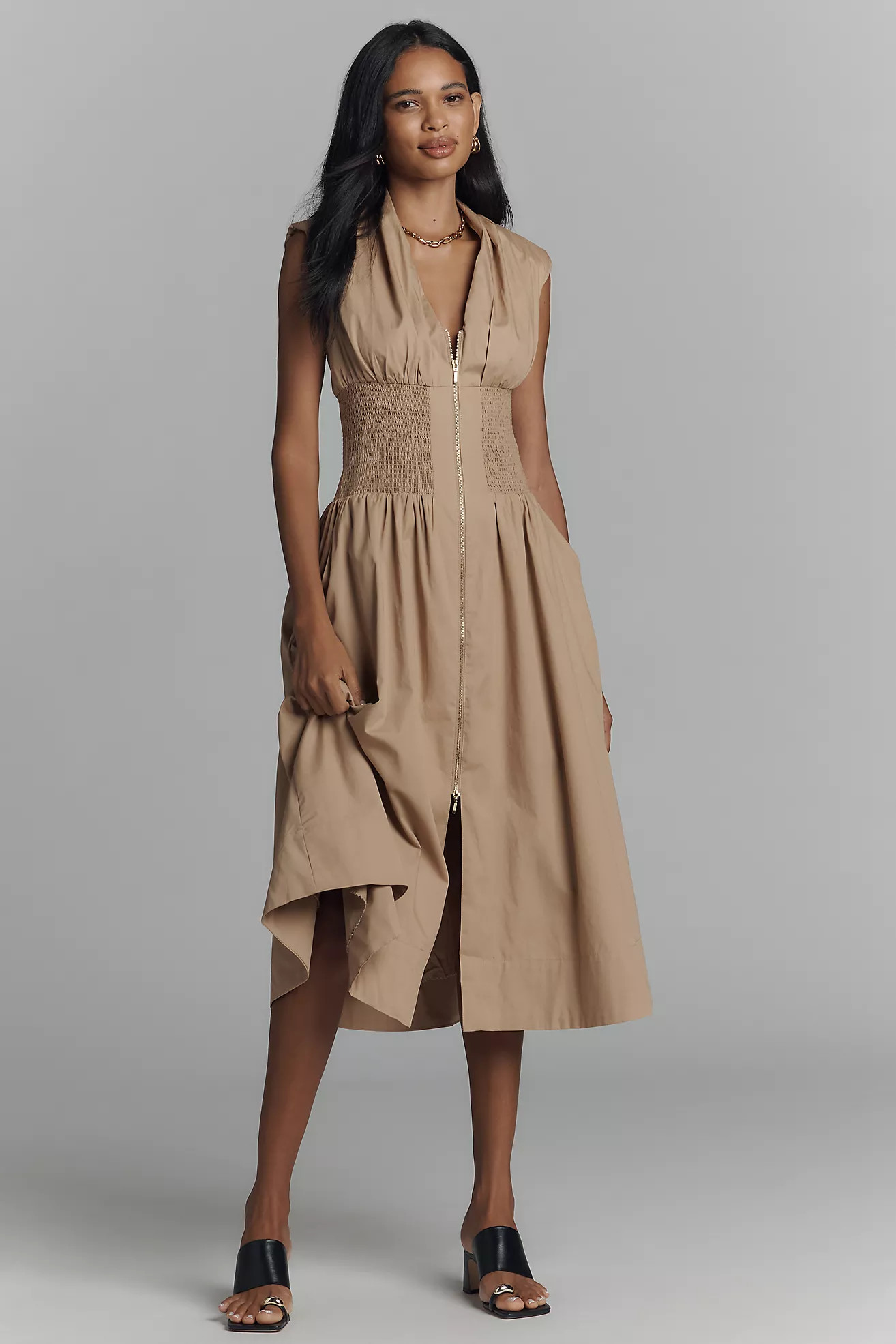 The Tommie Cap-Sleeve Smocked Front-Zip Shirt Dress | Anthropologie (US)