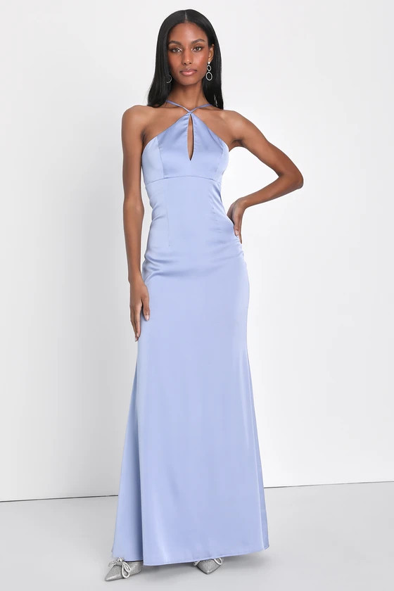 Lustrous Love Dusty Blue Satin Halter Cutout Mermaid Maxi Dress | Lulus