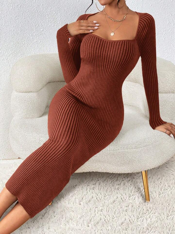 SHEIN Raffinéa Women Solid Color Diamond Neckline Long Sleeve Casual Slim Fit Knit Sweater Dress | SHEIN