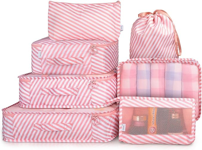 Packing Cubes 7 Pcs Travel Luggage Packing Organizers Set with Toiletry Bag (PINK STRIPE) | Amazon (US)