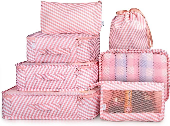 Packing Cubes 7 Pcs Travel Luggage Packing Organizers Set with Toiletry Bag (PINK STRIPE) | Amazon (US)