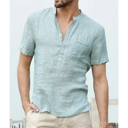 Men s Linen Dress Shirt Short Sleeve Loose Fit Casual Beach Tops Business Tops | Walmart (US)