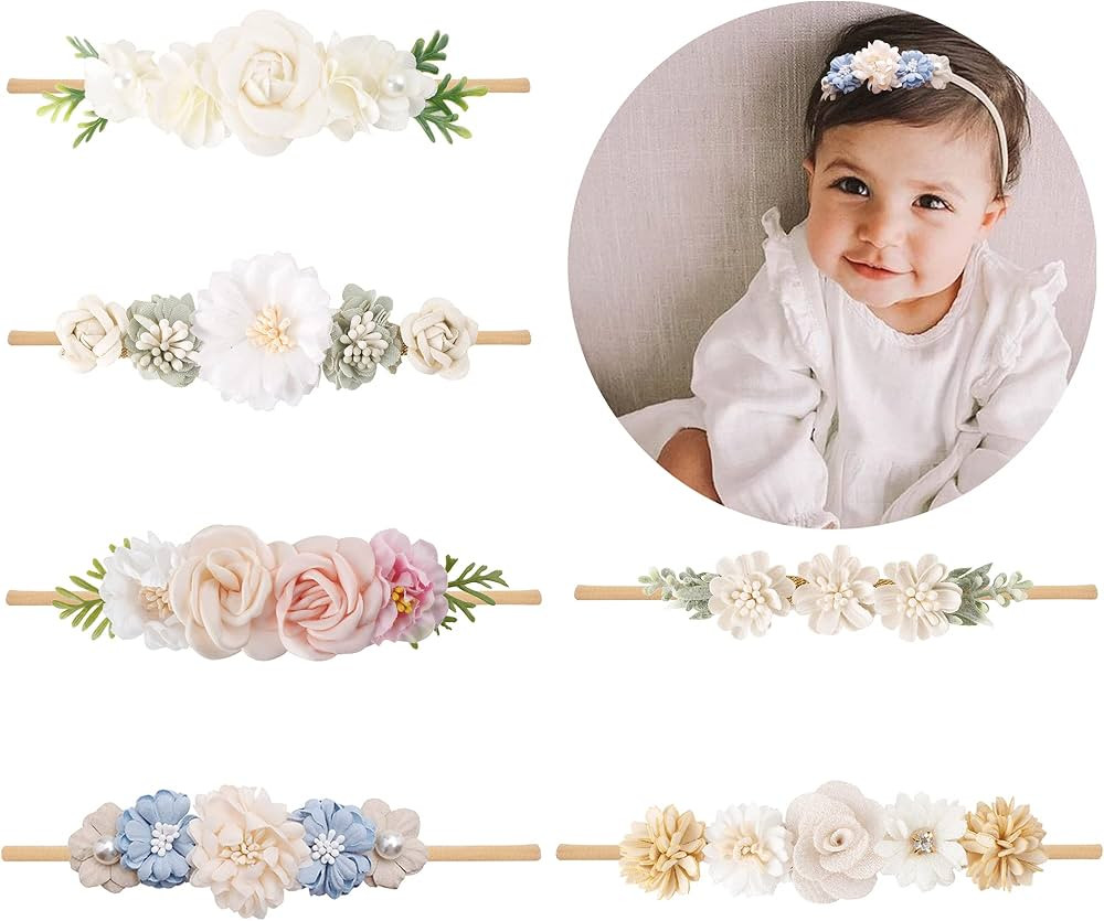 NUWAJP Baby Girls Headbands Flower Headband 6 Pcs Nylon Elastic Headbands Newborn Hair Bows Hair ... | Amazon (US)
