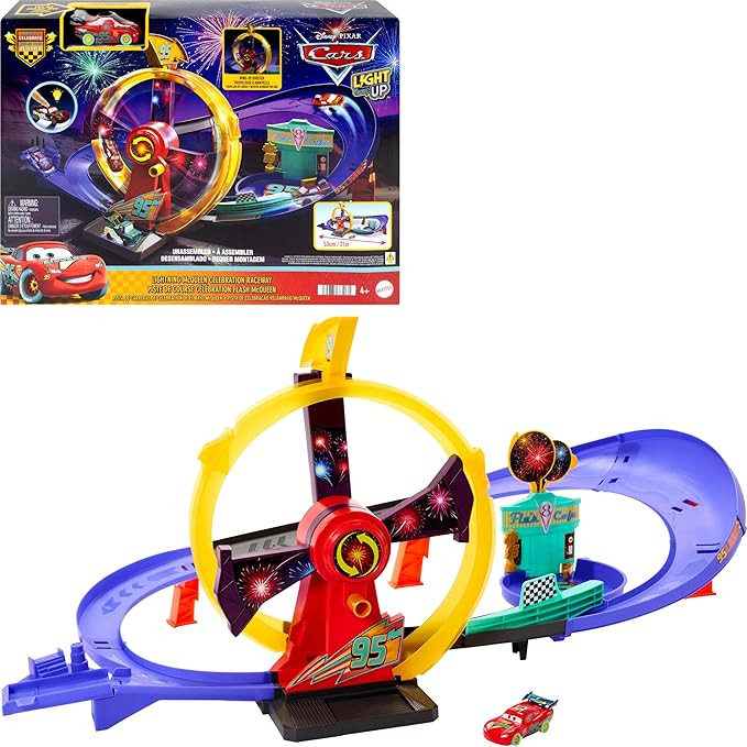 Mattel Disney Pixar Cars Toy Track Set with Light-Up Lightning McQueen, Race to Celebrate Celebra... | Amazon (US)