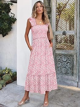 ANRABESS Womens Summer Sleeveless Maxi Dress Square Neck Smocked Boho Casual Ruffle Strap Flowy A... | Amazon (US)
