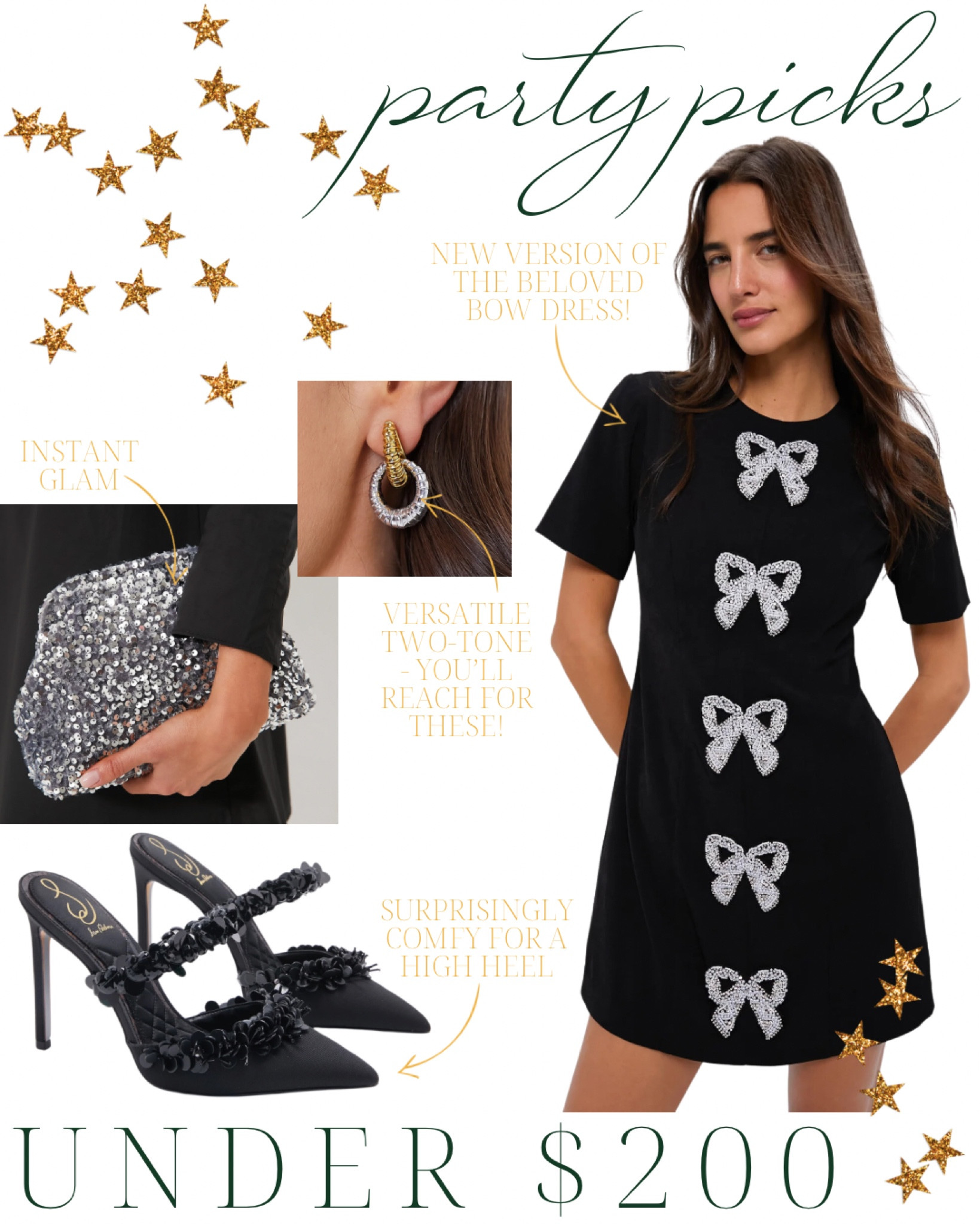 Perfect party picks - all under $200! A new version of the beloved bow dress, statement heels that are actually comfy, and the most versatile earrings. So many fun festive finds at Tuckernuck this season! @tuckernuck #tuckernuckpartner 

#LTKFindsUnder100 #LTKHoliday #LTKParties
