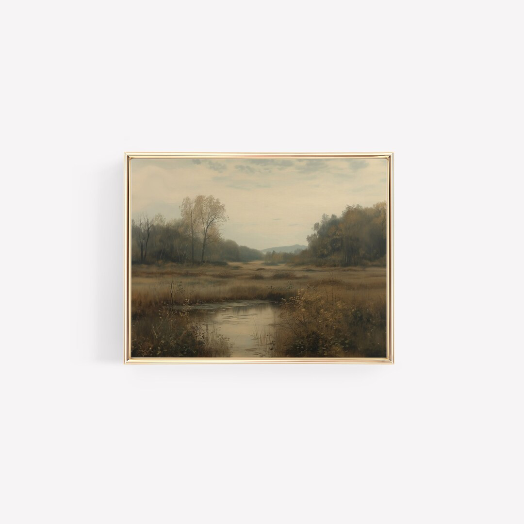 Woodland Pond Landscape Water Edge Tree Neutral Vintage Digital Print Landscape Painting Modern V... | Etsy (US)