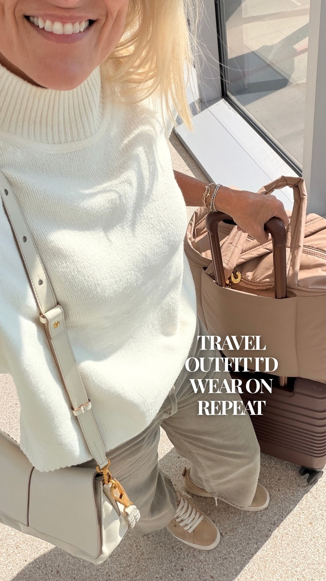 The travel outfit formula I keep coming back to. Comfortable enough for the airport, easy enough for a full day of exploring, but still polished enough to feel put together when I arrive. Neutral layers, comfortable denim, and sneakers make this my kind of vacation dressing.