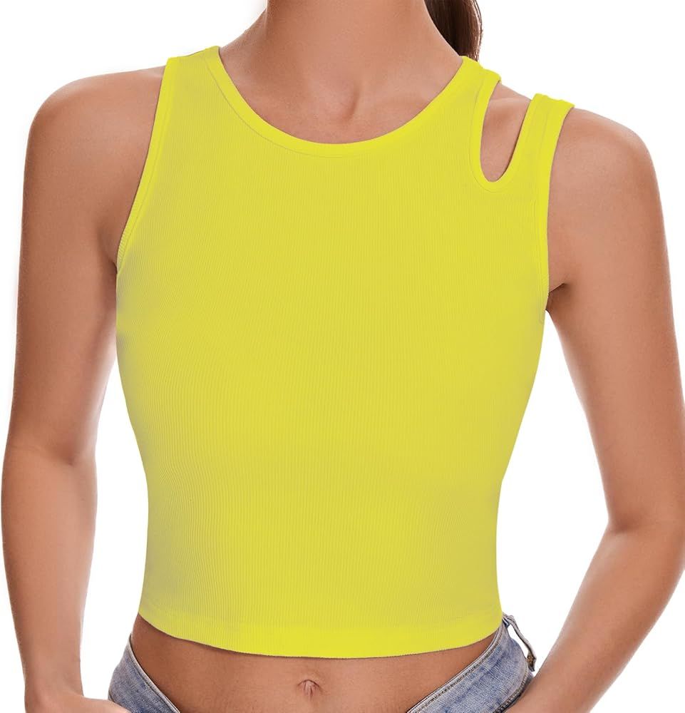 Womens Sleeveless Scoop Neck Casual Basic Cotton Ribbed Asymmetrical Shoulder Fitted Crop Top | Amazon (US)