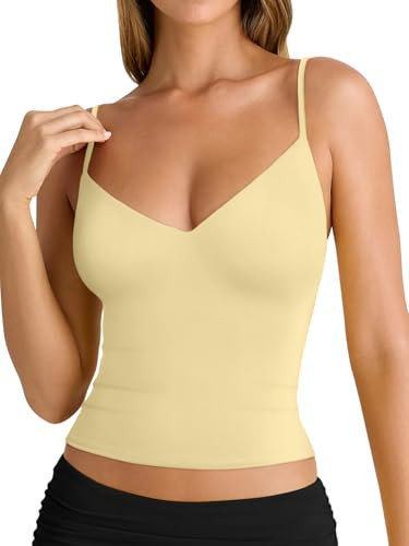 PINKMSTYLE 2025 Womens Spaghetti Strap Tank Top V Neck Double Lined Going Out Summer Top Pale Yellow Medium | Amazon (US)