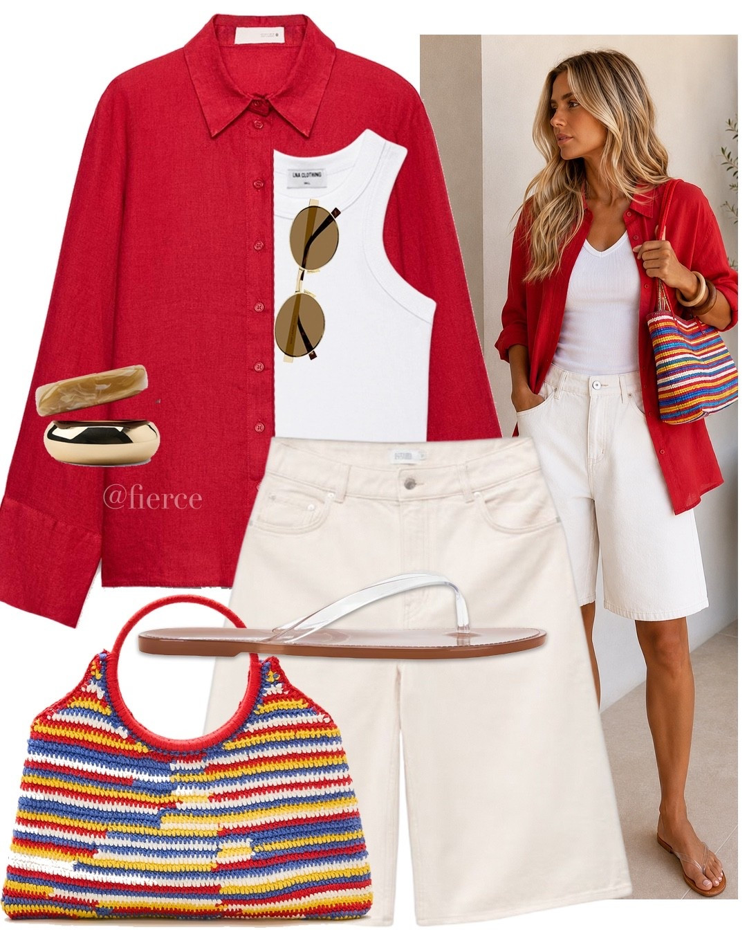 Red linen shirt cream denim Bermuda shorts white tank top crochet knitted striped summer bag  ltkUSA weekend outfit eurosummer look vacation

#LTKuk #LTKsummer #LTKeurope