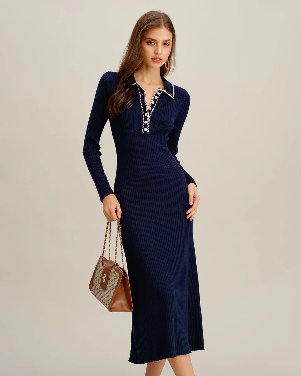 Blue Contrasting Button Sweater Dress | rihoas.com