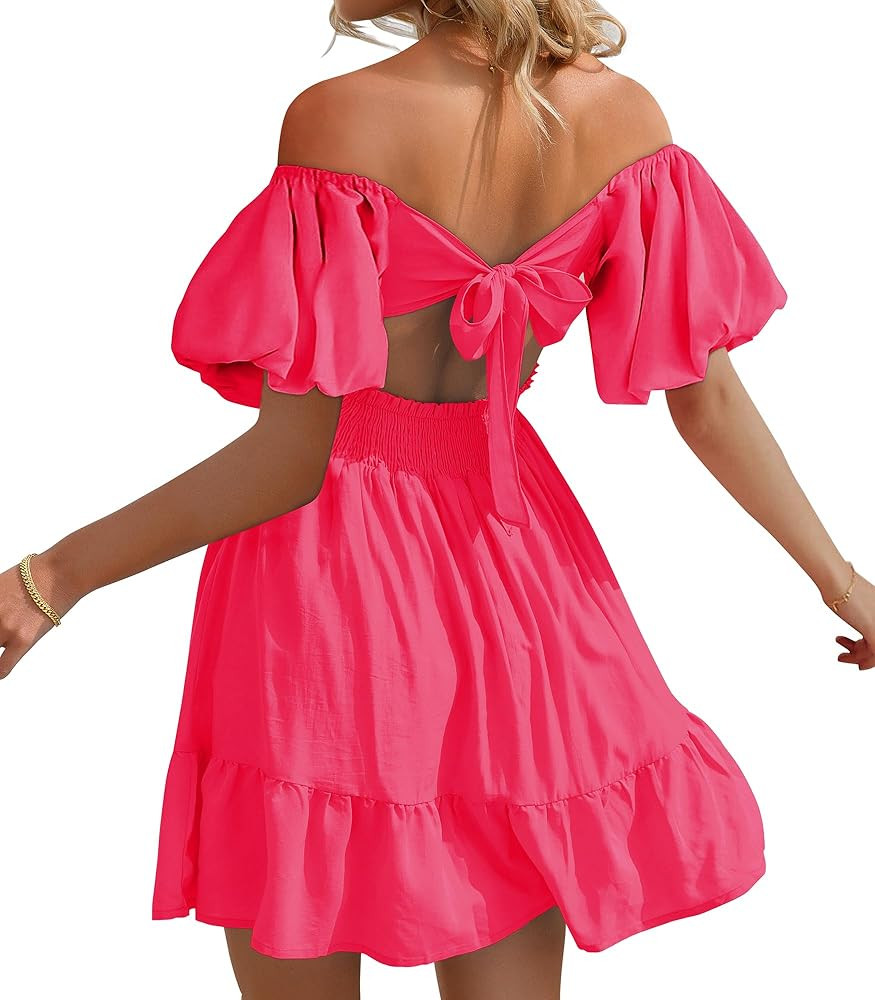 Phortric Womens Summer Tie Back Dress Square Neck Lantern Sleeve Off Shoulder Casual Mini Dresses | Amazon (US)