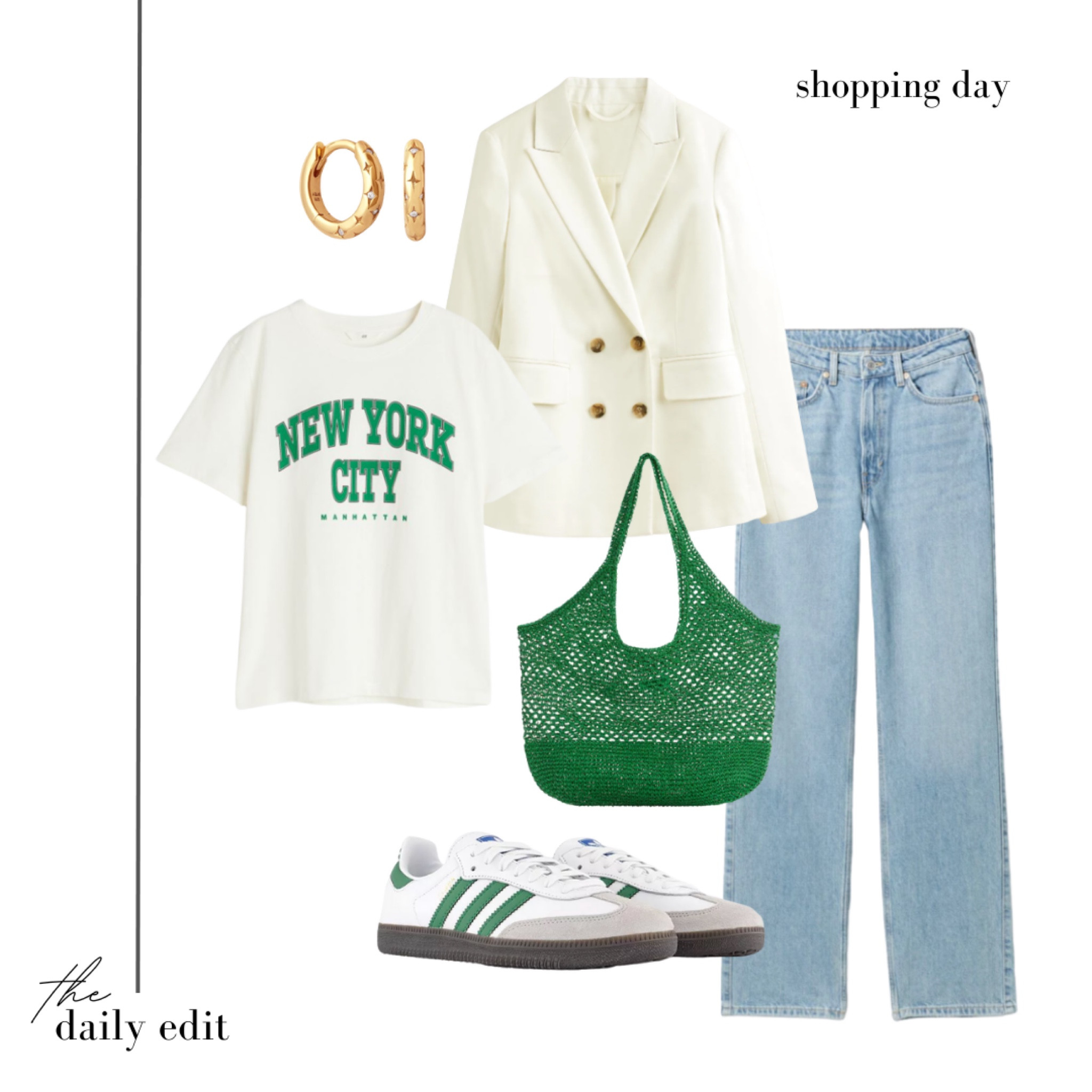 A pop of green 🍏 

Neutral blazer, shopping day outfit, what to wear today, adidas samba green, graphic T-shirt, light denim, wide leg jeans, Astrid & Miyu earrings, gold jewellery, green tote bag, Mango new in, H&M, virtual stylist, outfit inspiration, transitional wardrobe, green outfit, pop of colour

#LTKstyletip #LTKshoecrush #LTKeurope